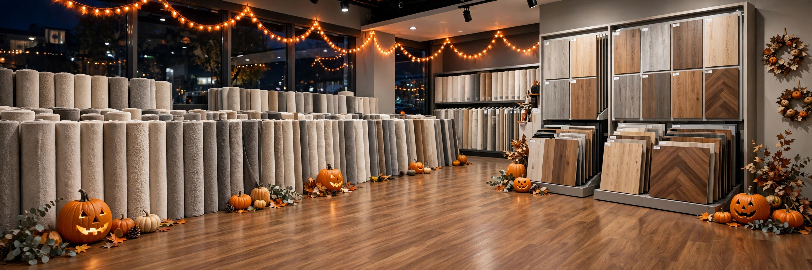Carpet Depot showroom decorated for Halloween with carved pumpkins and orange string lights