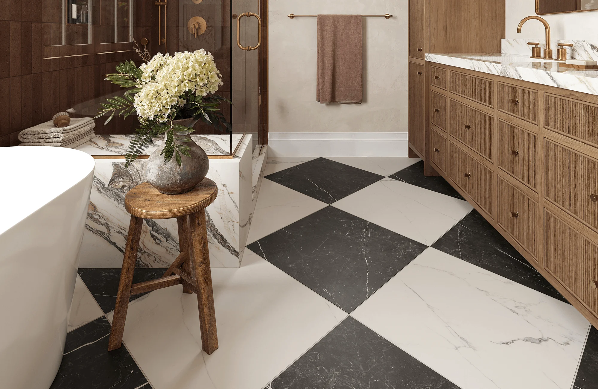 Black and white tile flooring in a bathroom