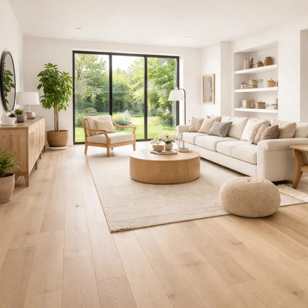 Warm wood-look laminate flooring in a living room