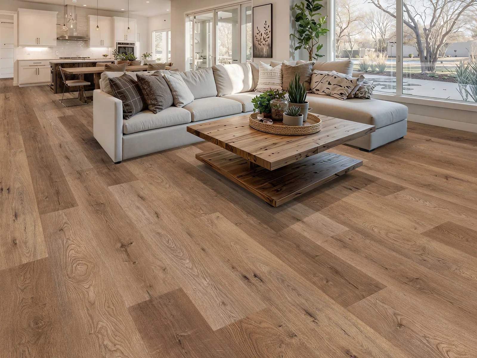 Open-plan living room with natural-oak luxury vinyl plank flooring — Lions Floor room scene